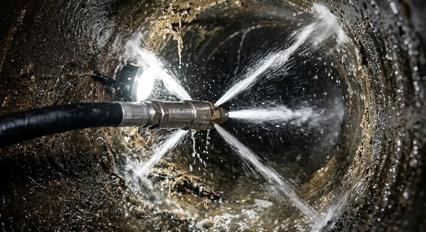 High-pressure hydro jetting nozzle cleaning sewer pipe for Emergency Drain Service in Slippery Rock