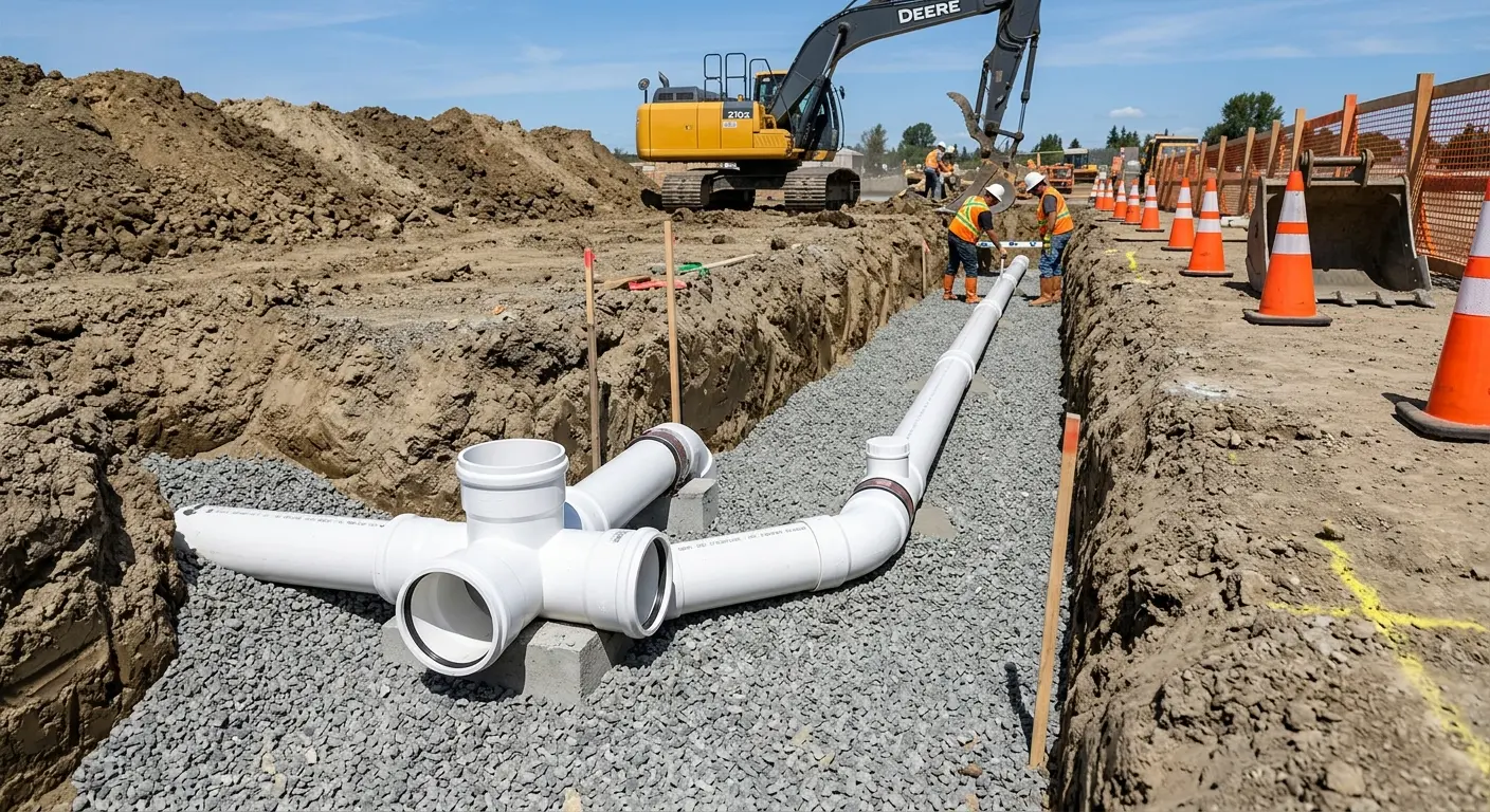 New PVC sewer pipe installation in open trench for Sewer Backup in Slippery Rock