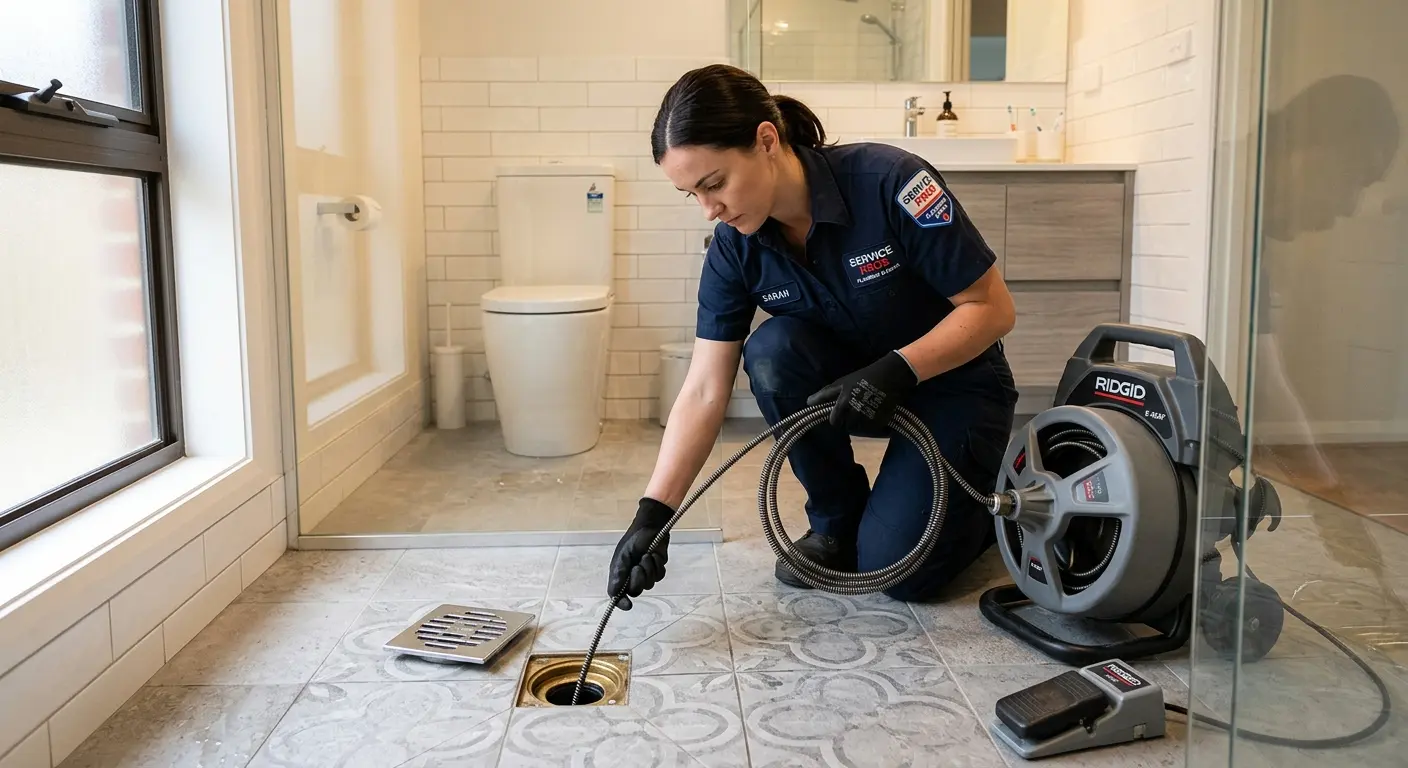 Technician clearing a bathroom floor drain for Clogged Drain Repair in Slippery Rock